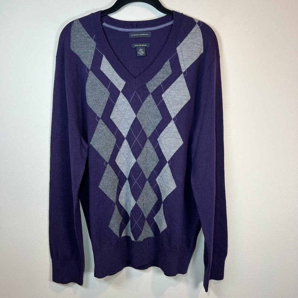 Banana Republic Merino Wool Argyle Sweater Purple V-Neck Preppy Office  Sz Large